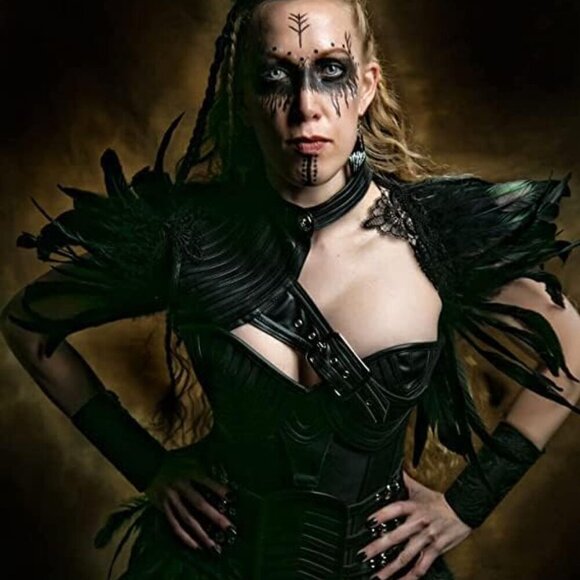 Black Feather Shrug Cape Lace Shoulder Wrap for Women Halloween Costumes - Picture 2 of 7